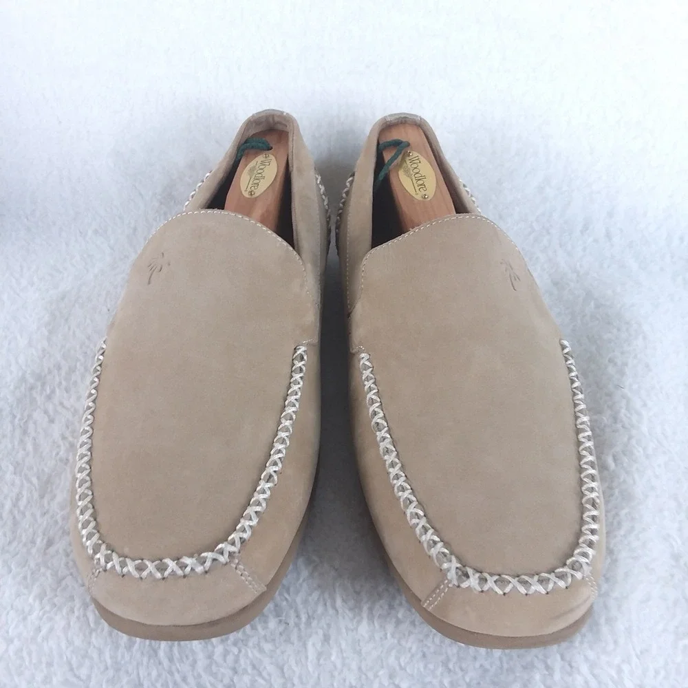 Margaritaville Venice Mens 10 Loafer Shoes Tan Suede Palm Tree Logo Boat Coastal